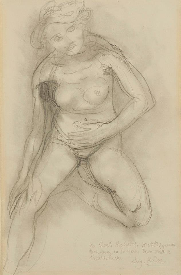Nøgen kvinde sidder ansigt til ansigt med et ben trukket op af Auguste Rodin