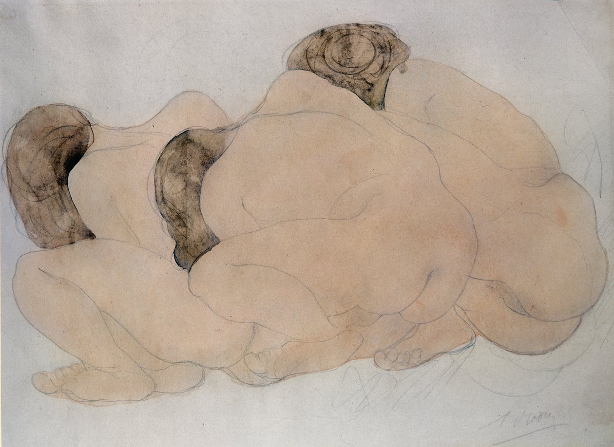 Tre kampesten (blyant og wc på papir) af Auguste Rodin