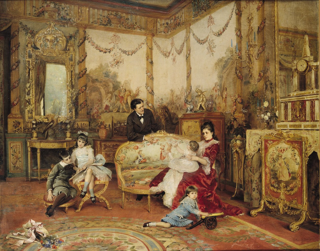 Victorien Sardou (1831-1908) og hans familie i deres tegnestue i Marly-le-Roi, ca. 1875 af Auguste de la Brely