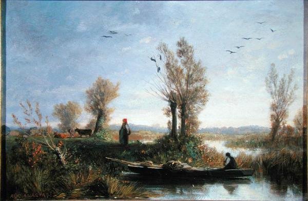 The Banks of a Canal (olie på lærred) af Auguste Paul Charles Anastasi