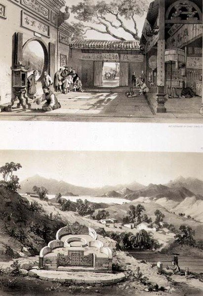 Indvendigt billede af det store tempel i Macao og en grav og en landsby mellem bugtene i Hong Kong og Cowloon, plader 8 og 7 fra 