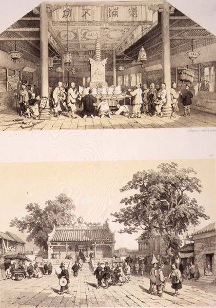Interiør af Buddha-templet og en lille plads i forstæderne til Canton, plader 25 og 26 fra 