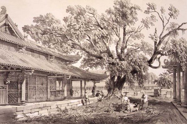 Buddhas tempel i Honan-forstaden i Kanton, plade 24 fra "Sketches of China", graveret af Eugene Ciceri (1813-90) 1842 (tonet litografi) af Auguste (after) Borget