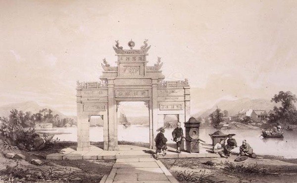 Triumfbuen ved Macao-Canton-kanalen, planche 19 fra "Sketches of China", graveret af Eugene Ciceri (1813-90) 1842 (tonet litografi) af Auguste (after) Borget