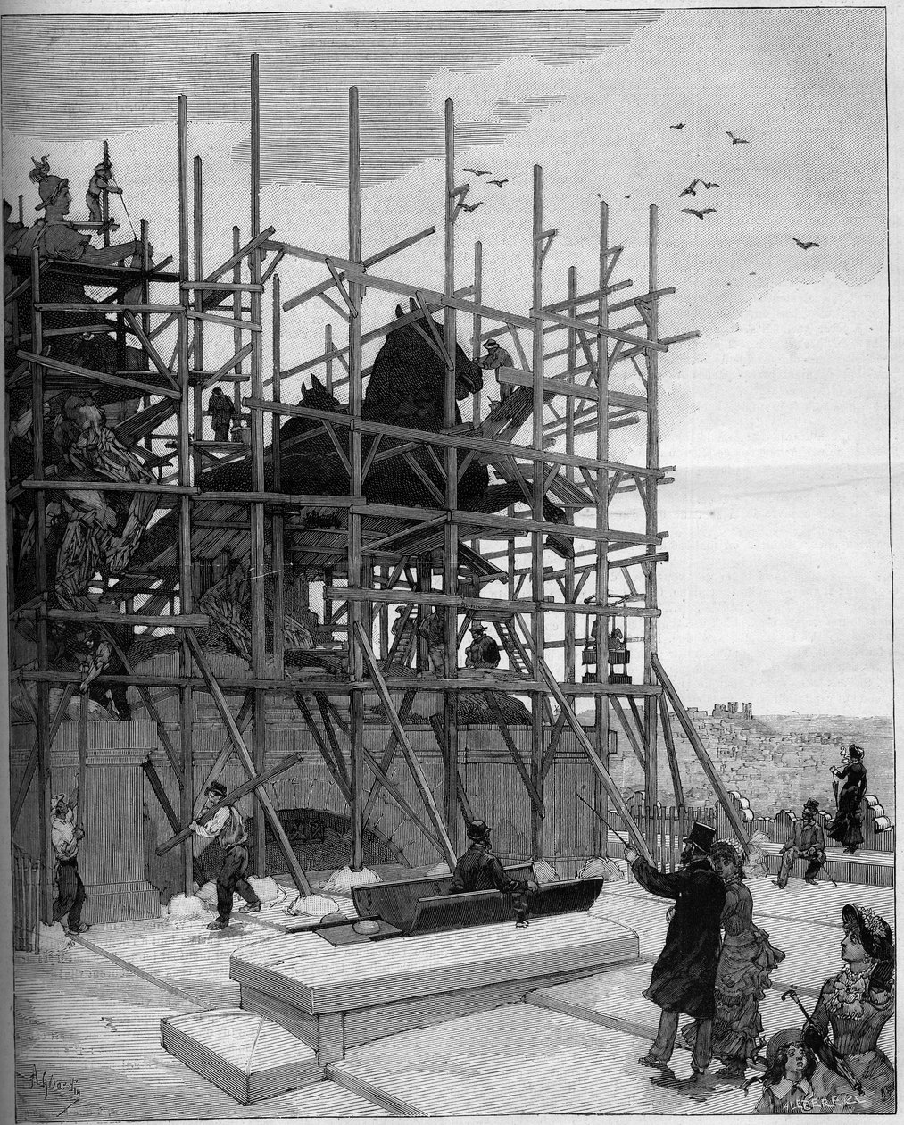 Triumfbuen i Paris: nuværende tilstand af byggearbejdet på skulpturen af ​​Alexandre Falguiere (1831-1900) eller ""Republikkens triumf"" af Auguste (after) Gerardin