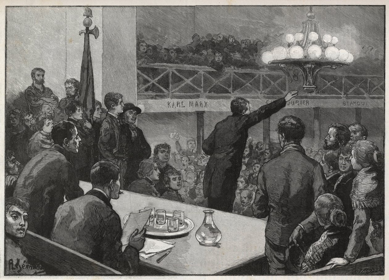 Møde til strejken ved Vooruit i 1885 - indgravering i 1885 "Le monde illustrious" - tegning af Gerardin af Auguste (after) Gerardin