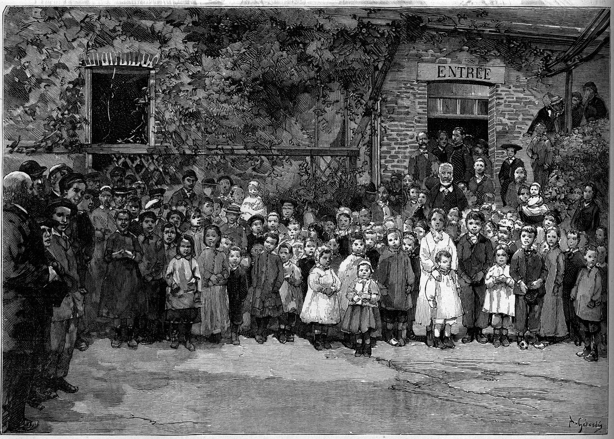 Victor Hugo (1802-1885) med de fattige børn af Veules en Caux (Veules-en-Caux), som han tilbød en banket den 24. september 1882. Indgravering af Gerardin i "" Le Monde Illustré"" n°1333 af 14 oktober 1882. af Auguste (after) Gerardin