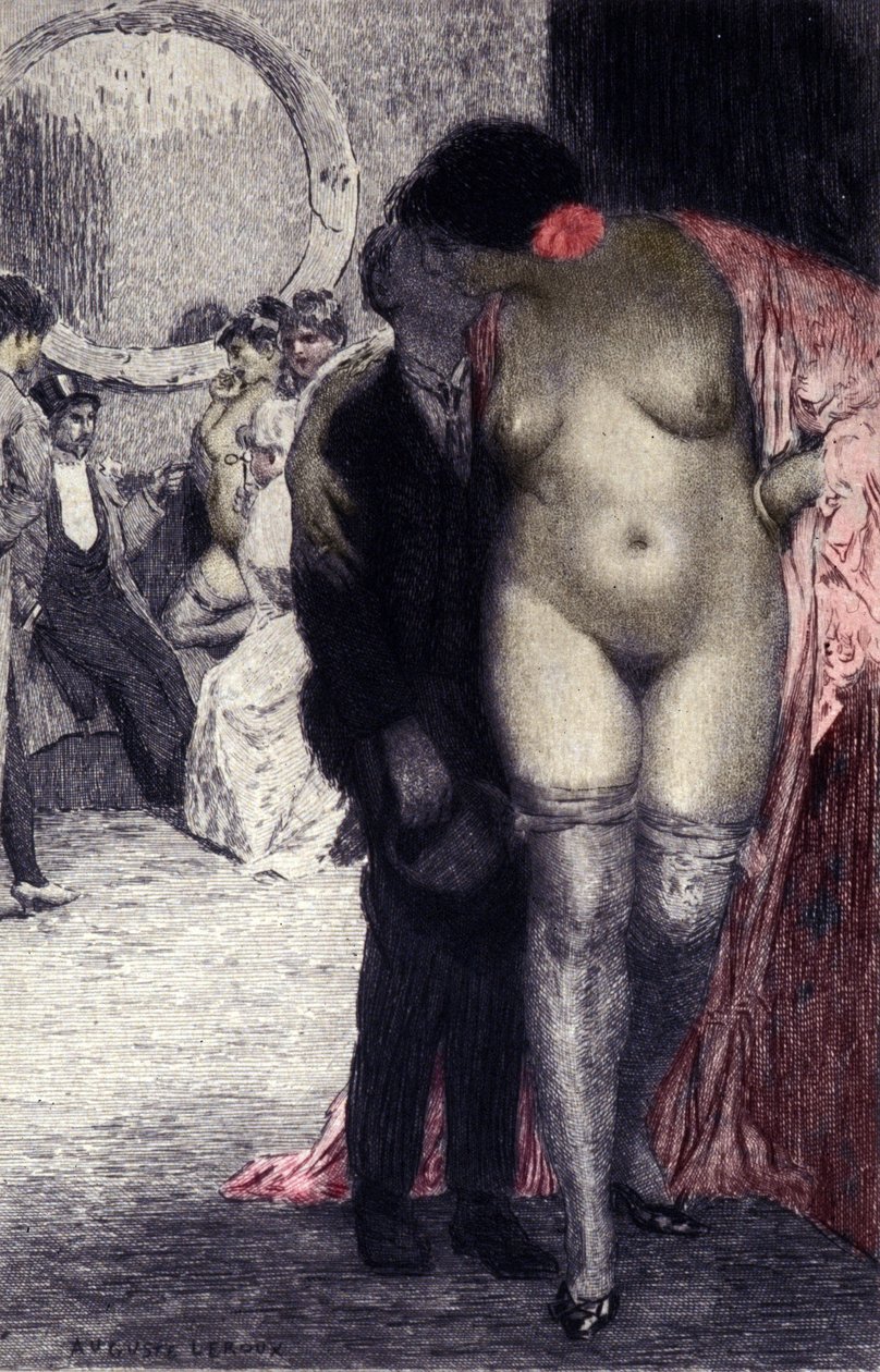 Interiør af et fransk bordel (bordel). En kunde med en prostitueret. Illustration af Auguste Leroux (1871-1954) af Auguste (after) Leroux