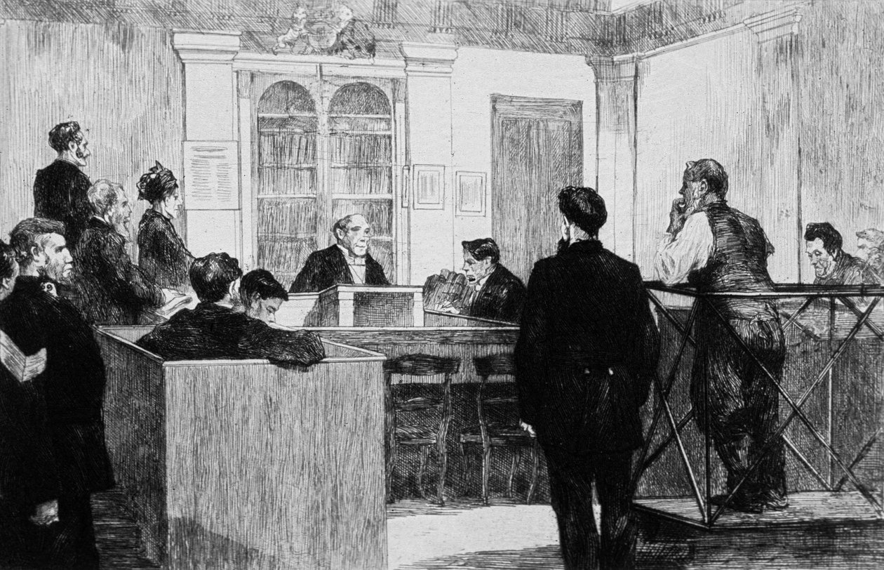 Bow Street Police Court Hall i London i 1884 (kobberstik) af Auguste Andre Lancon