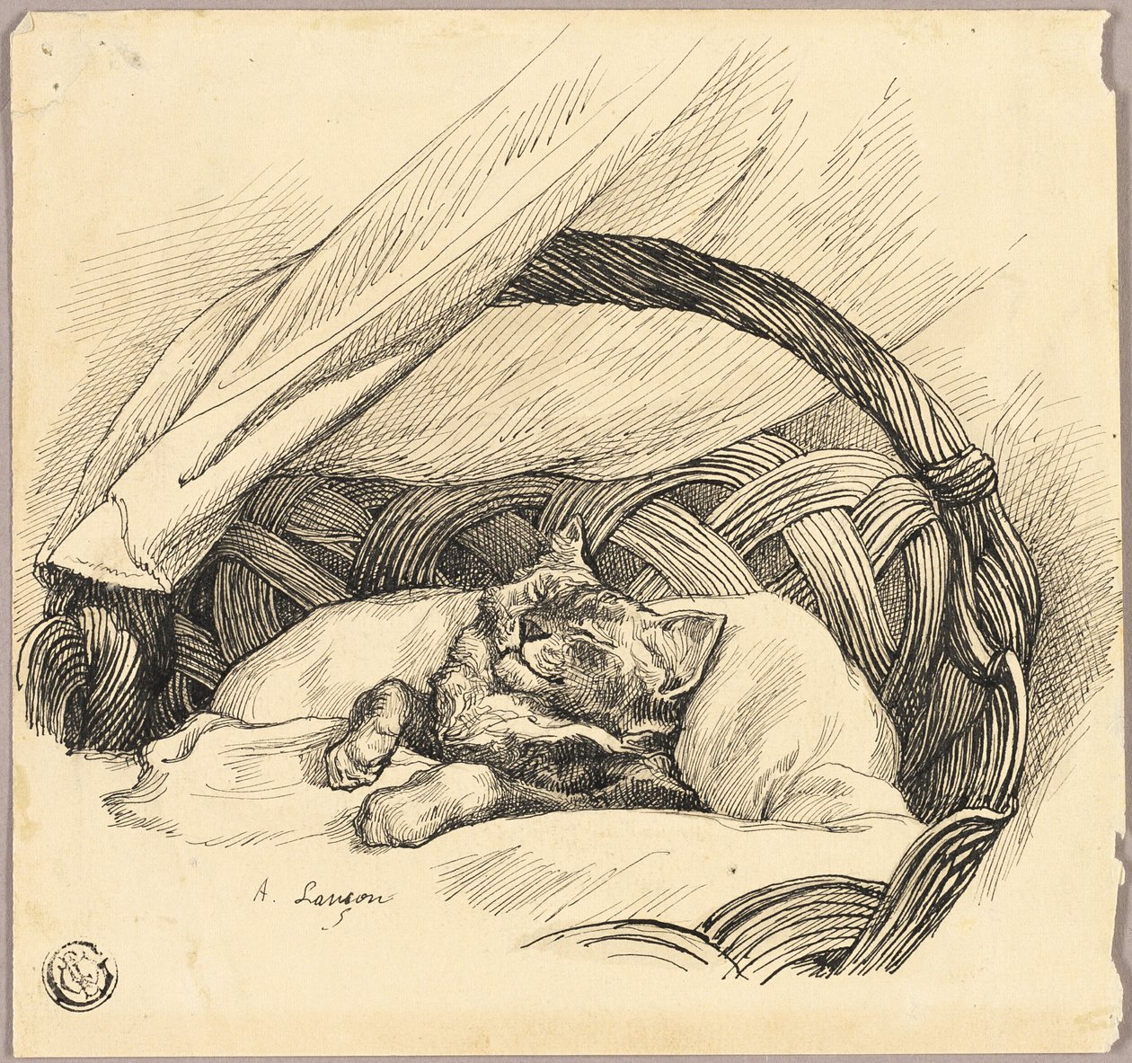 Kat sover i kurv af Auguste Andre Lancon