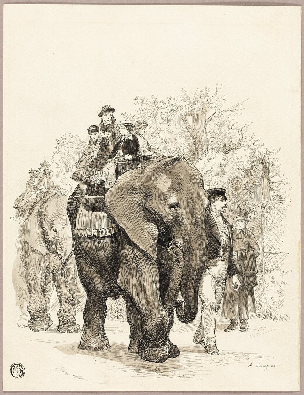 Elefant med ryttere i Jardin des Plantes, Paris af Auguste Andre Lancon