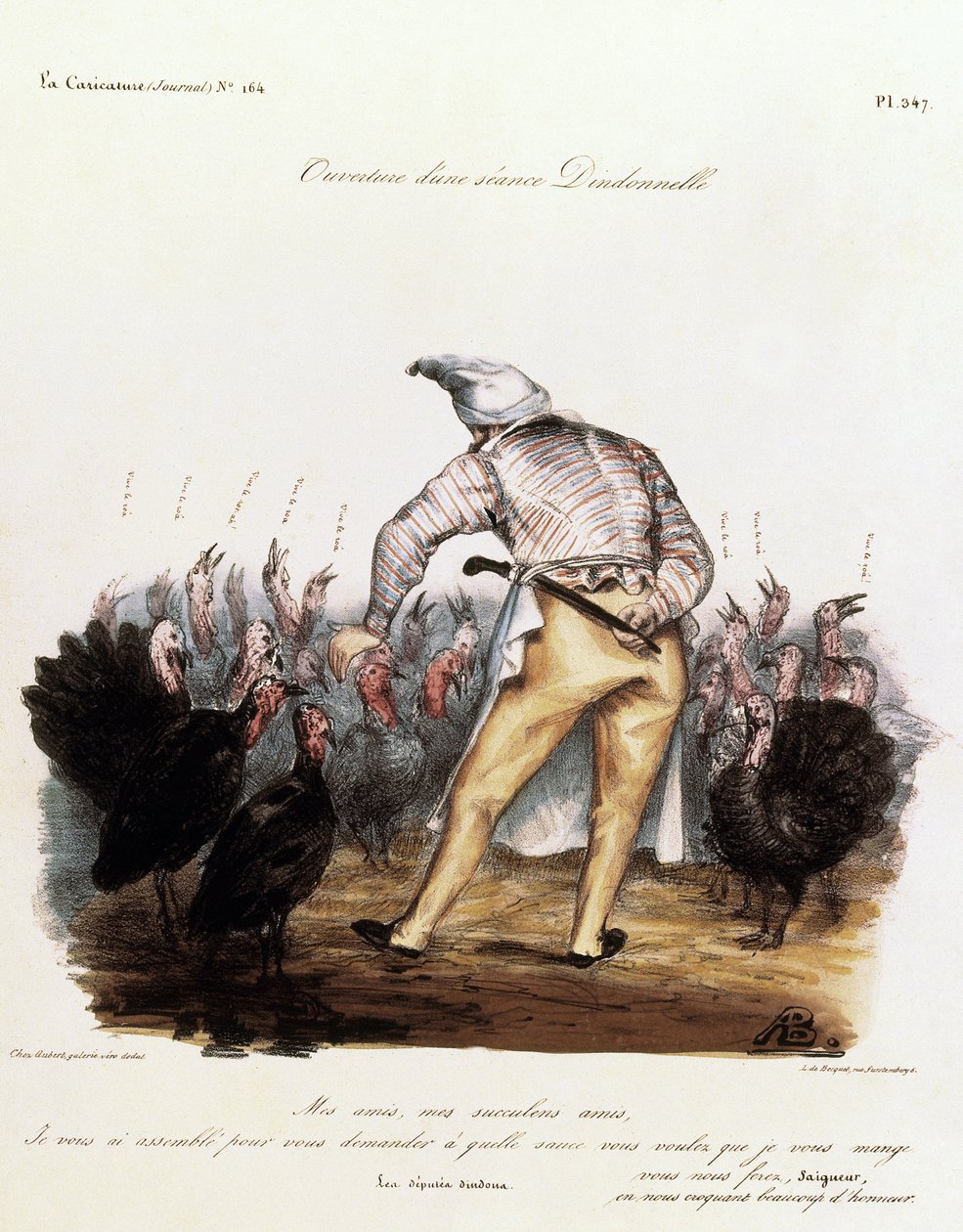 Louis Philippe med en nathue på hovedet, omgivet af kalkuner af Auguste Bouquet