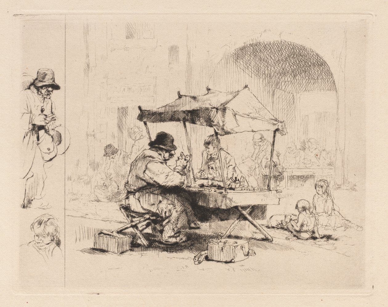 [Købmand i sin bod med børn, der leger] af Auguste Brouet