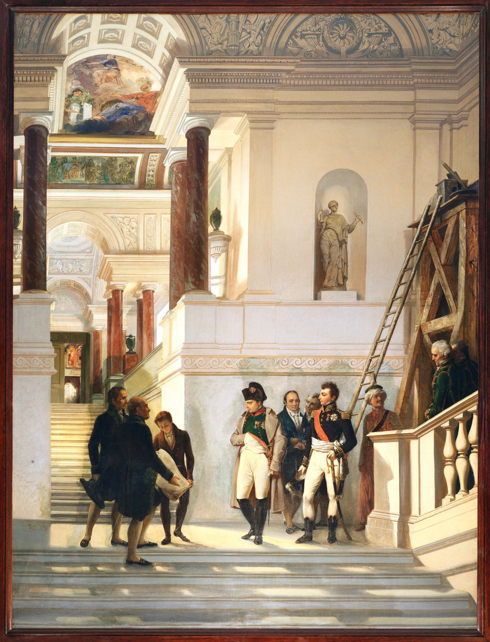 Napoleon I besøger Louvres trappe, ledsaget af arkitekterne Percier og Fontaine ... af Auguste Couder