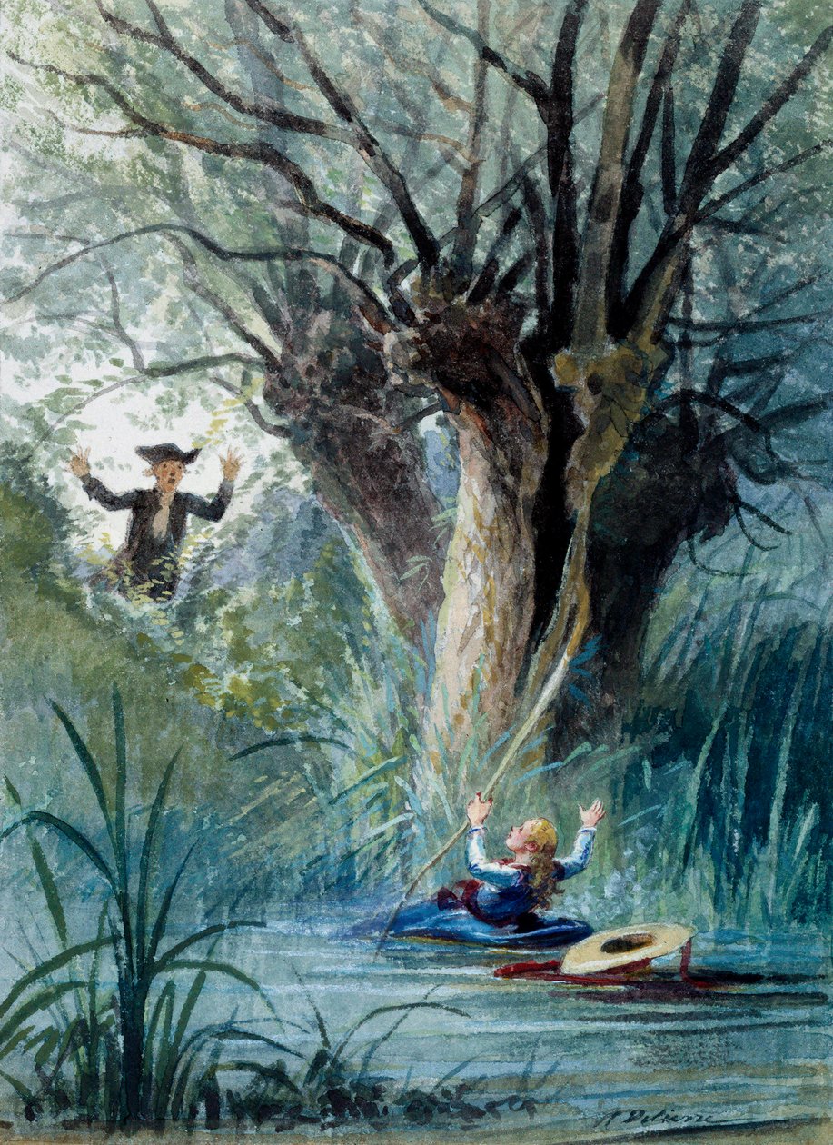 Illustration af fablen "Barnet og skolens lærer" af Jean de La Fontaine. Akvarel af Auguste Delierre (1829-c.1890) af Auguste Delierre