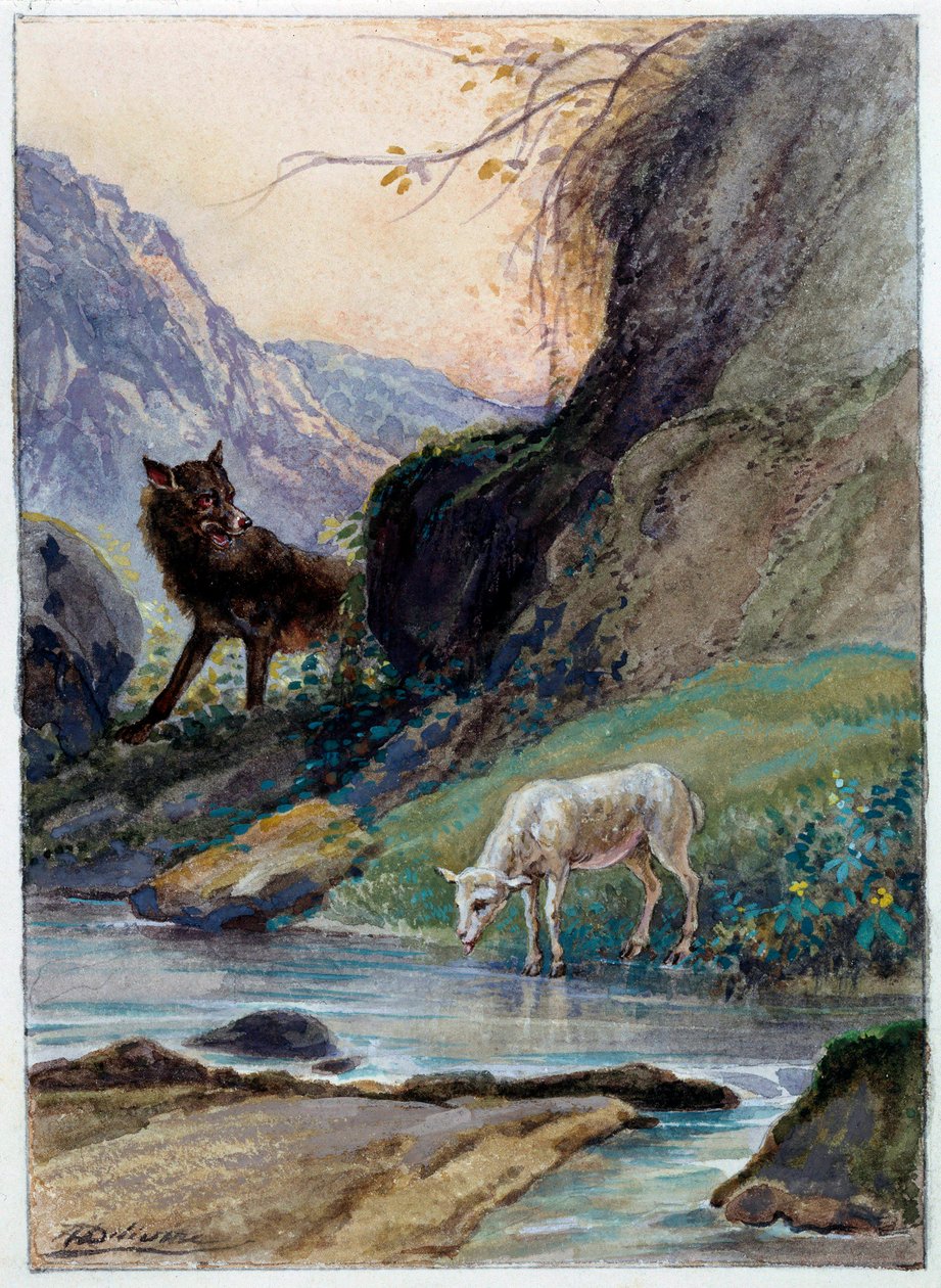 Illustration af fablen "Ulven og lammet" af Jean de La Fontaine. Akvarel af Auguste Delierre (1829-c.1890) af Auguste Delierre