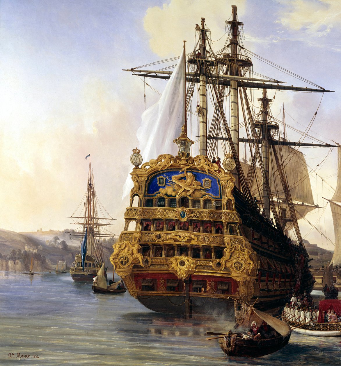 Skibet "le foudroyant" i havnen i Brest i 1724"" Detalje. maleri af Auguste Mayer (1805-1890) 1724 Brest, Museum of Fine Arts - Skibet "" Le Foudroyant""" i Brest havn af Auguste Etienne Francois Mayer