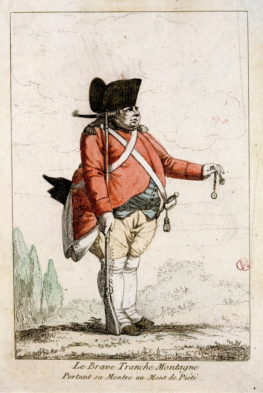 Den modige Slice Mountain bærer sit ur på Piety Mountain. I "" Dragter fra revolutionens tid 1790-1793"". Farverigt vand i Mr. Guillaumot Jr. af Auguste Etienne fils Guillaumot
