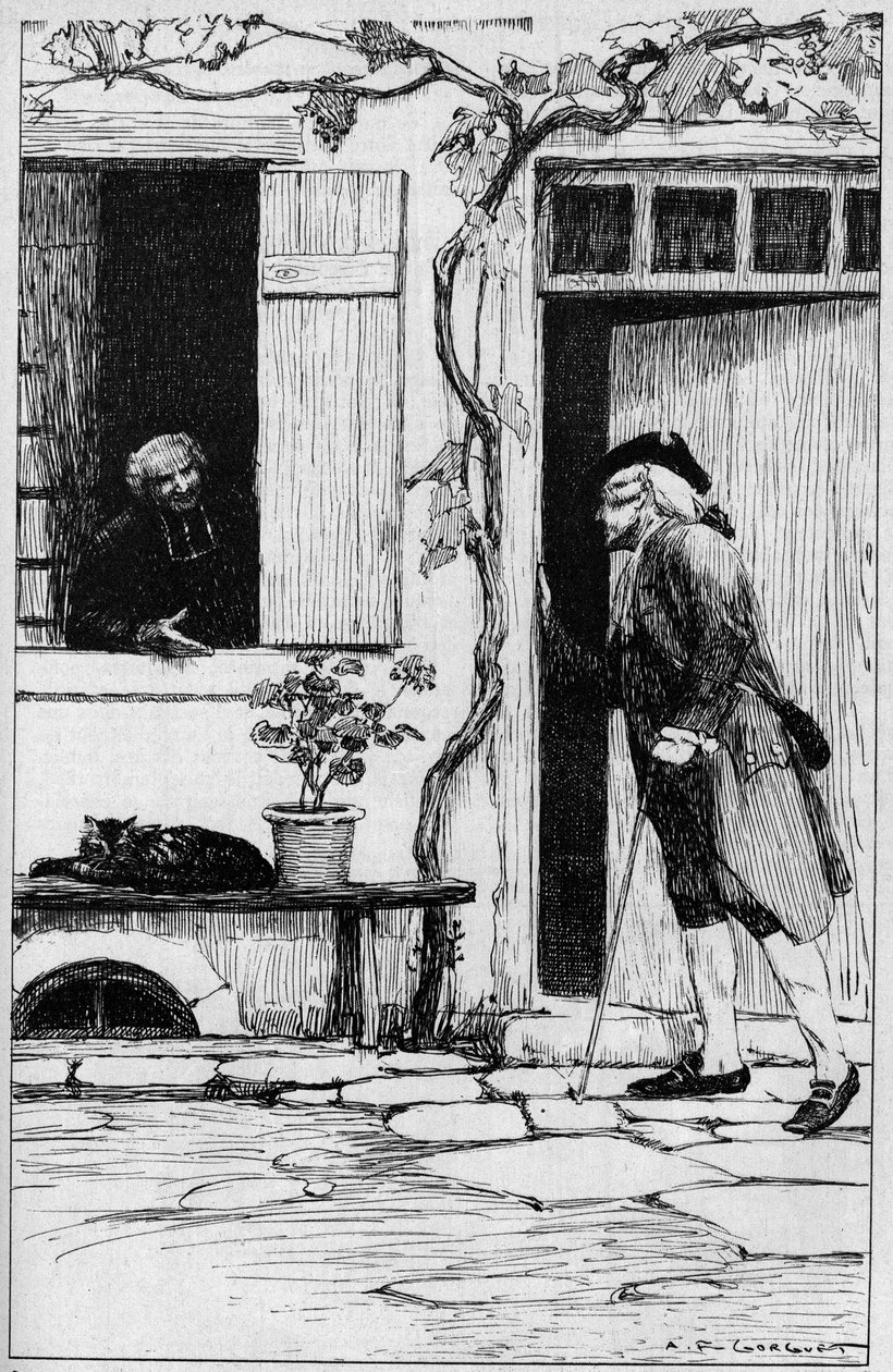 Sognet i landsbyen Ermenonville inviterer filosoffen Jean Jacques Rousseau (1712-1778) til at komme ind i hans præstegård. Oise (60). Illustration af Auguste Francois Gorguet (1862-1927) af Auguste Francois Gorguet