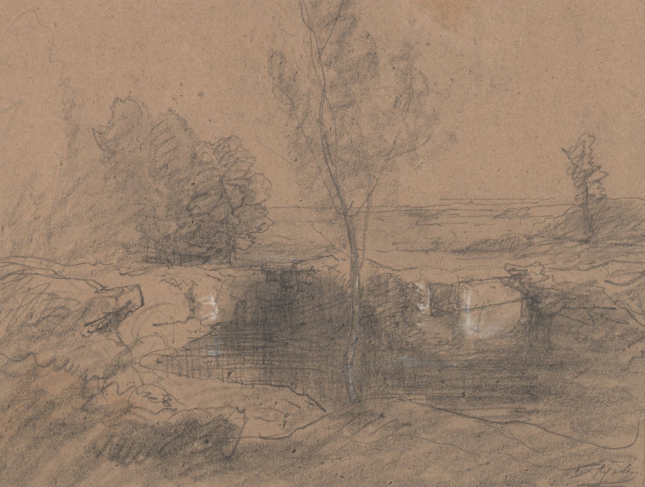 Landskab, ca. 1853-65 (blyant og vask på papir) af Auguste Francois Ravier