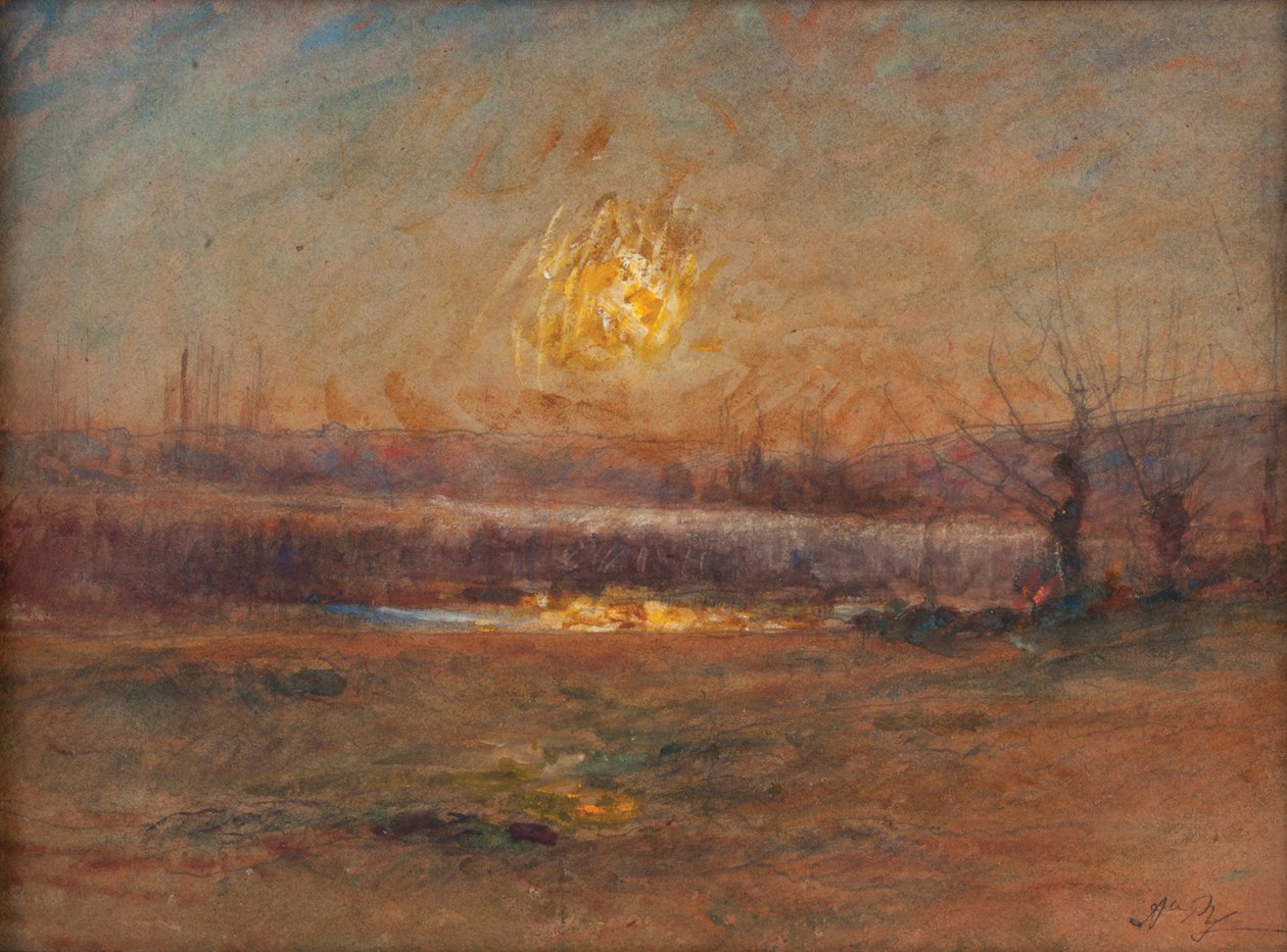 Solnedgang på dammen på landet af Auguste Francois Ravier