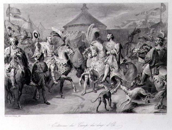 Mødet på Guldklædets Mark, 24. juni 1520, indgraveret af Millin (gravering) af Auguste Hyacinthe (after) Debay