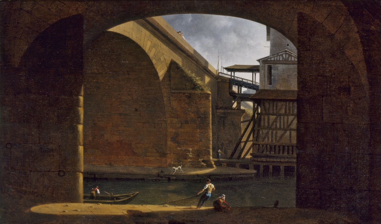 Notre-Dame-broen og pumpen, set fra den hvælvede Quai de Gesvres, 1816 (olie på lærred) af Auguste Jacques Regnier