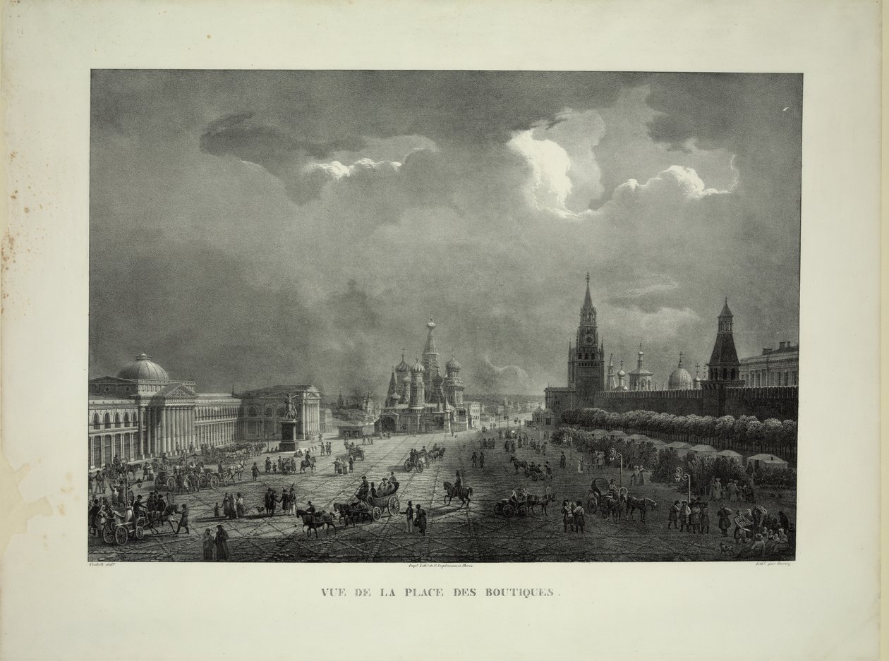 Øvre handelsrækker på Den Røde Plads i Moskva, ca. 1830 af Auguste Jean Baptiste Antoine Cadolle