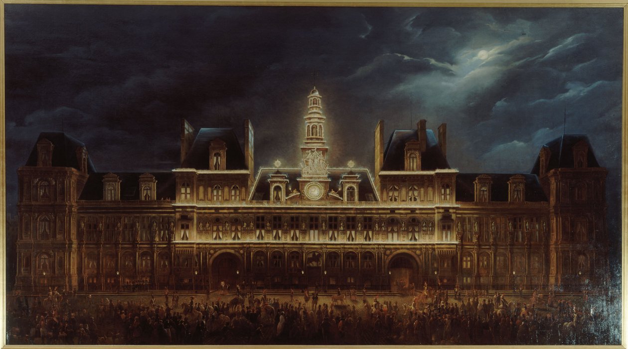 Belysning af Hôtel de Ville til kongens dag, 1. maj af Auguste Jean Simon Roux