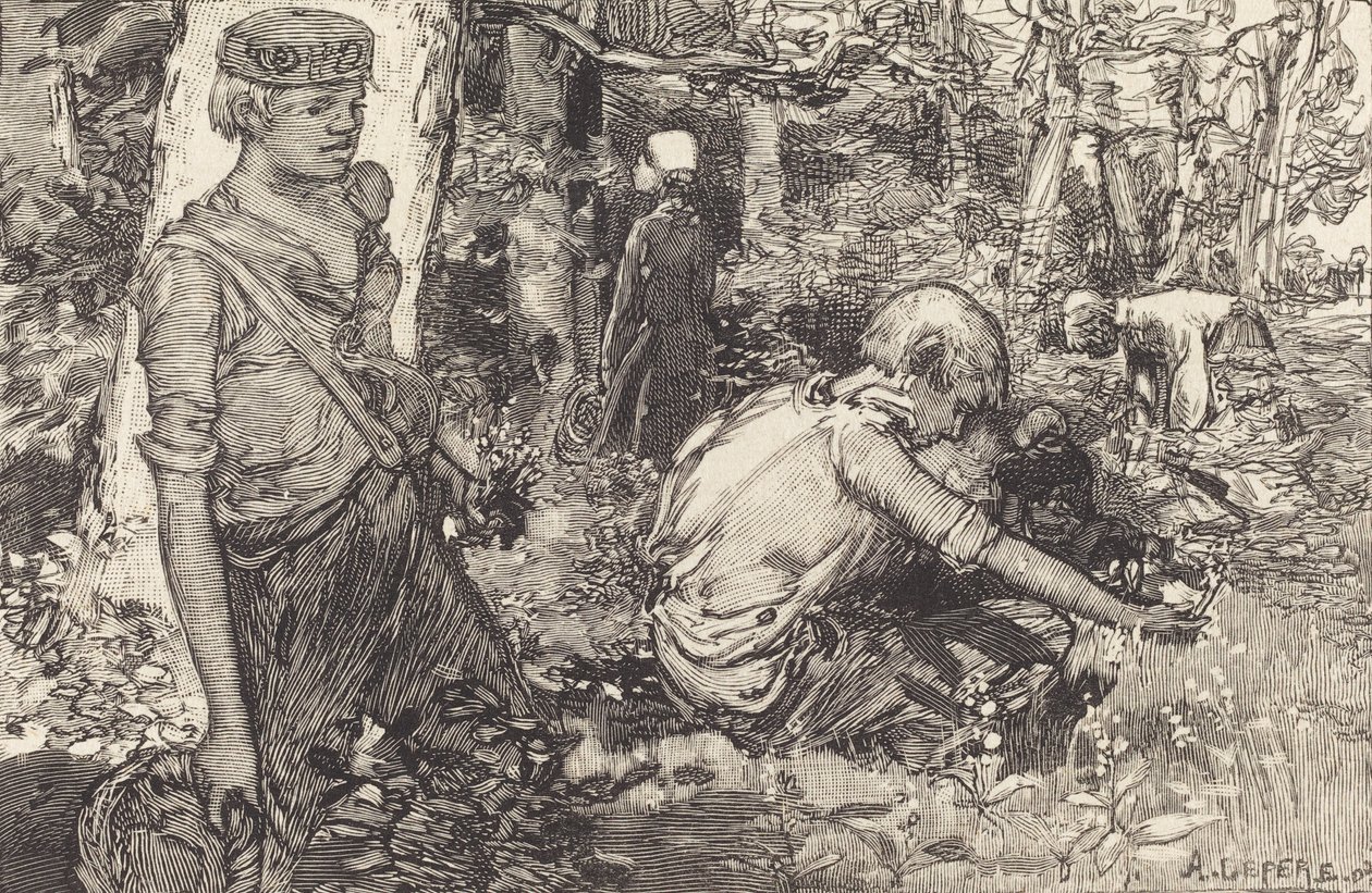 Indsamling af maj-lilje La cueillette du muguet, 1908. af Auguste Lepere