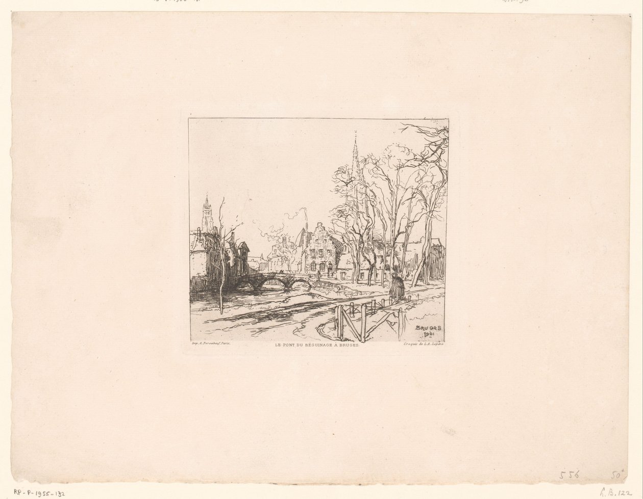 Udsigt over broen ved Beguinage i Brugge Le pont du Beguinage à Bruges (titel på objektet) af Auguste Lepere