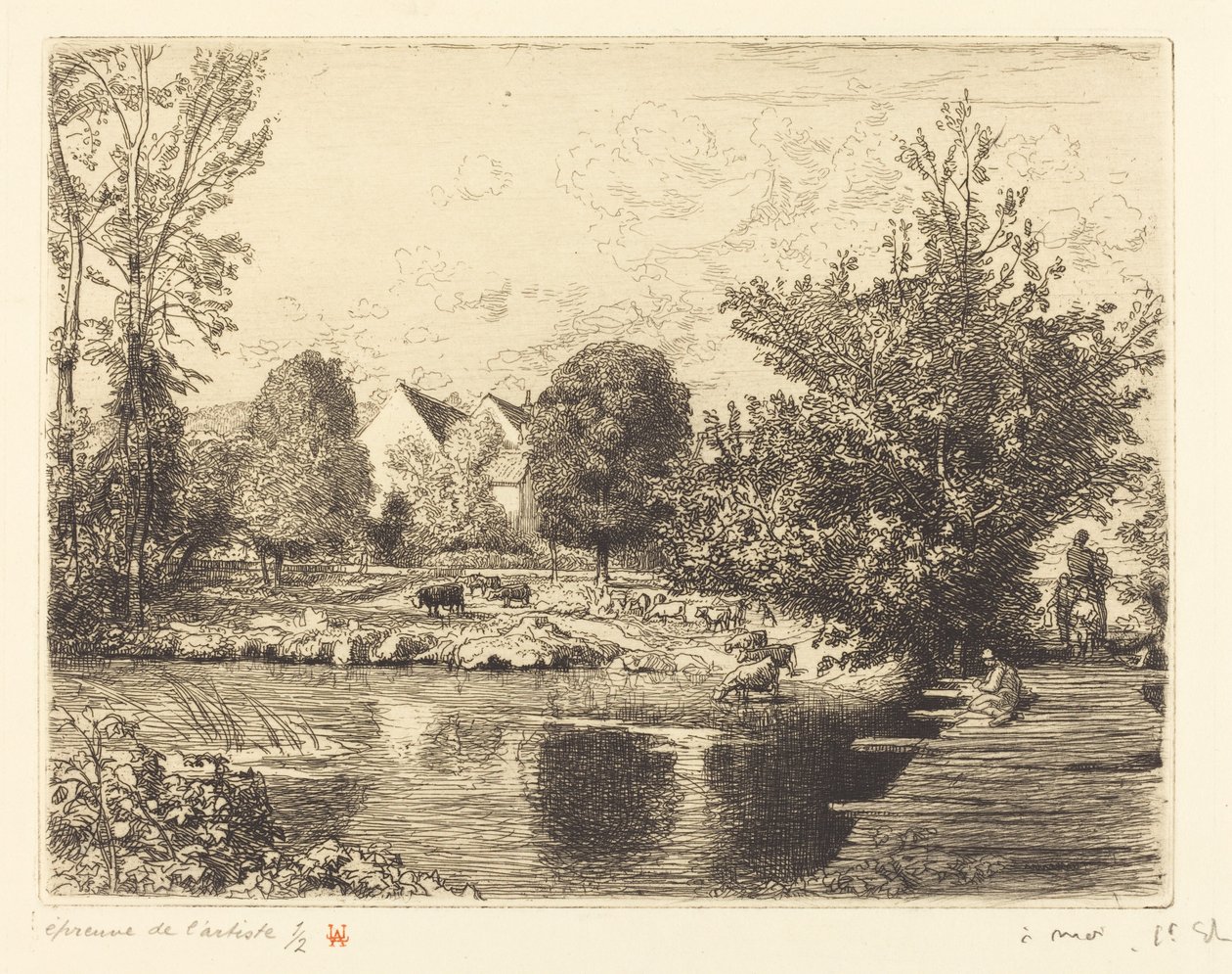 Gammel gangbro, bredden af den lille Morin (Vieille passerelle, bords du petit morin) af Auguste Lepere