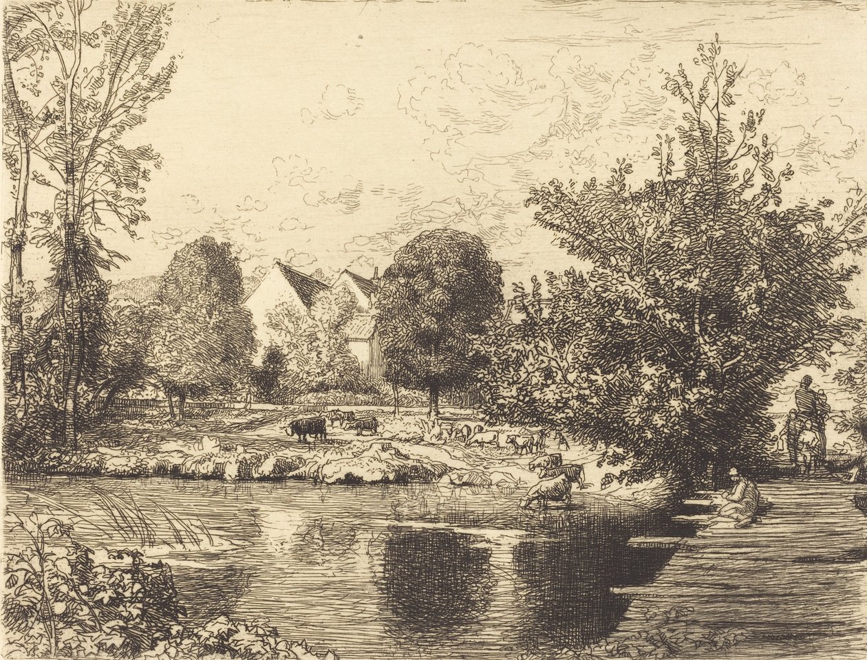 Gammel gangbro, bredden af den lille Morin Vieille passerelle, bords du petit morin, 1915. af Auguste Lepere