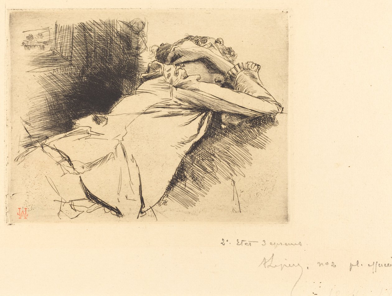 Tilbagelænet kvinde sover (Femme couchee sommeillant) af Auguste Lepere
