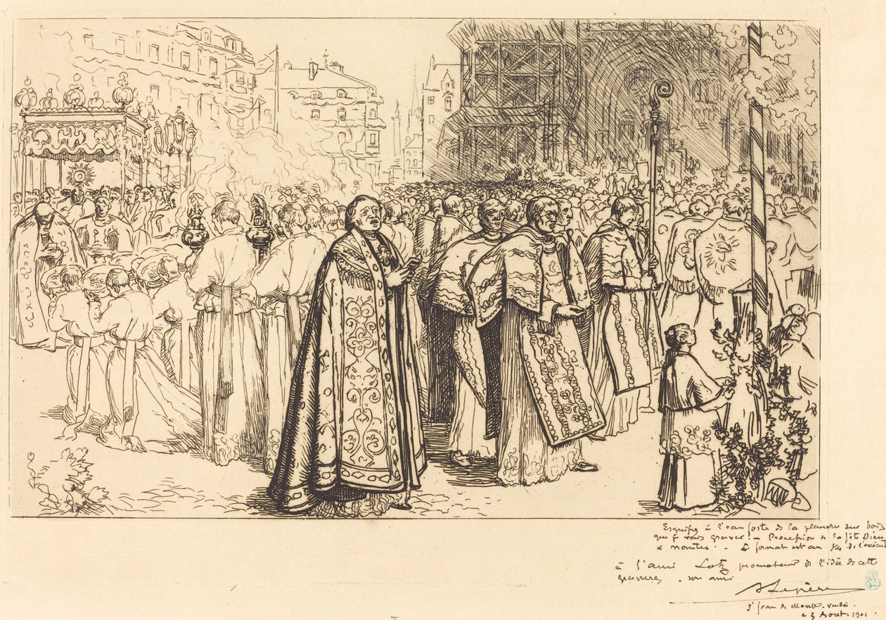 Processionens tilbagevenden til Nantes katedral (Rentree de la Procession a la Cathedral de Nantes) af Auguste Lepere