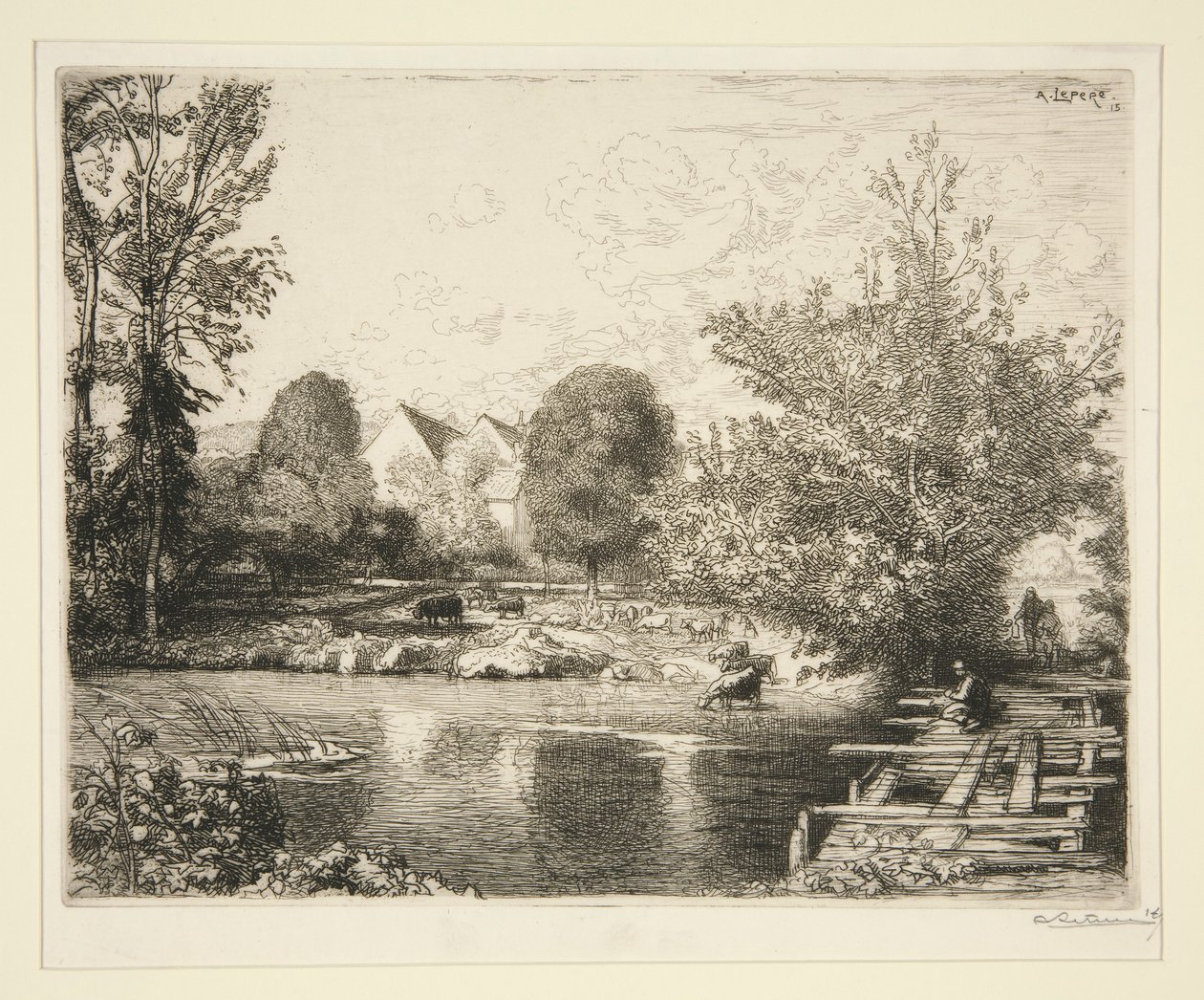 Vieille passerelle, bords du petit Morin (gammel gangbro, bredden af den lille Morin) af Auguste Lepere