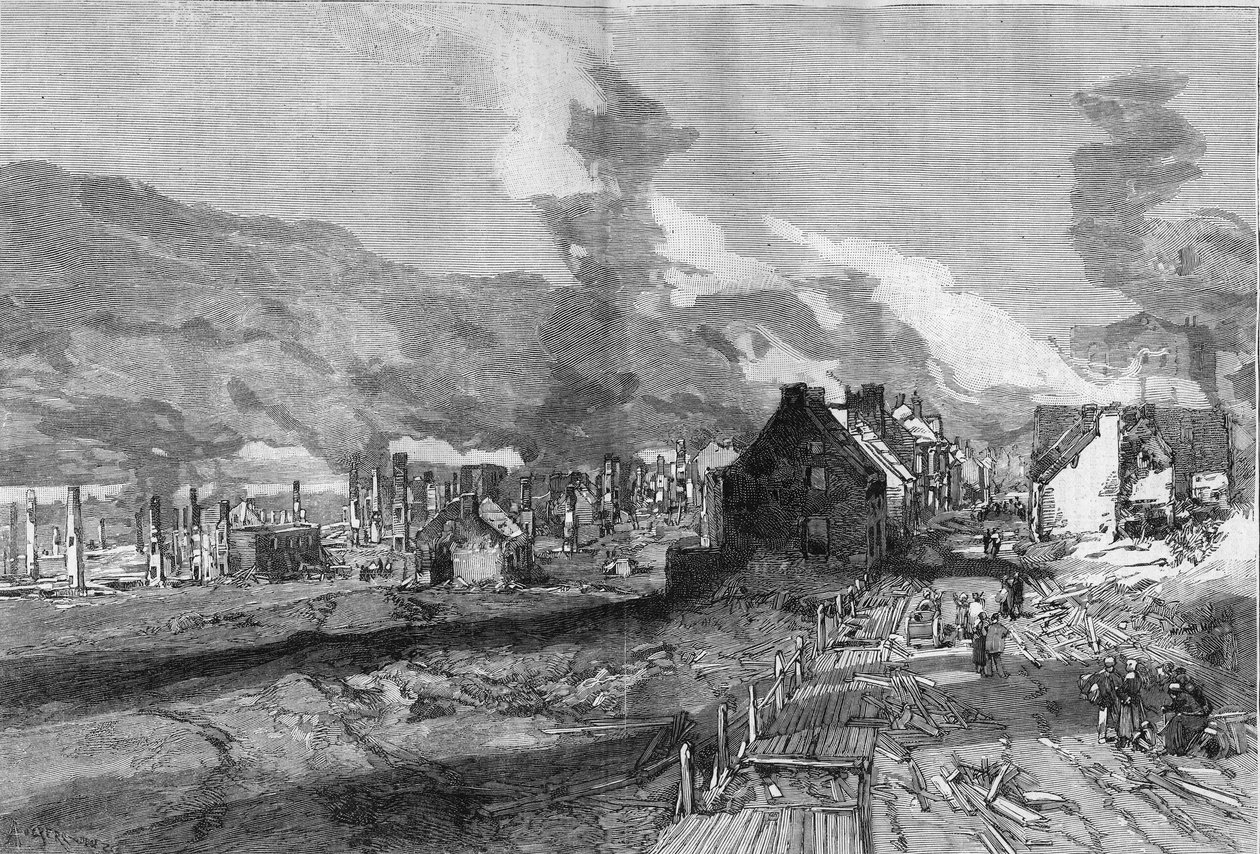 Udsigt over ruinerne af Quebec City (Canada) efter branden i juni 1881. Indgravering af Lepere i "" The Illustrous World"" nr. 1267 af 9. juli af Auguste Lepere
