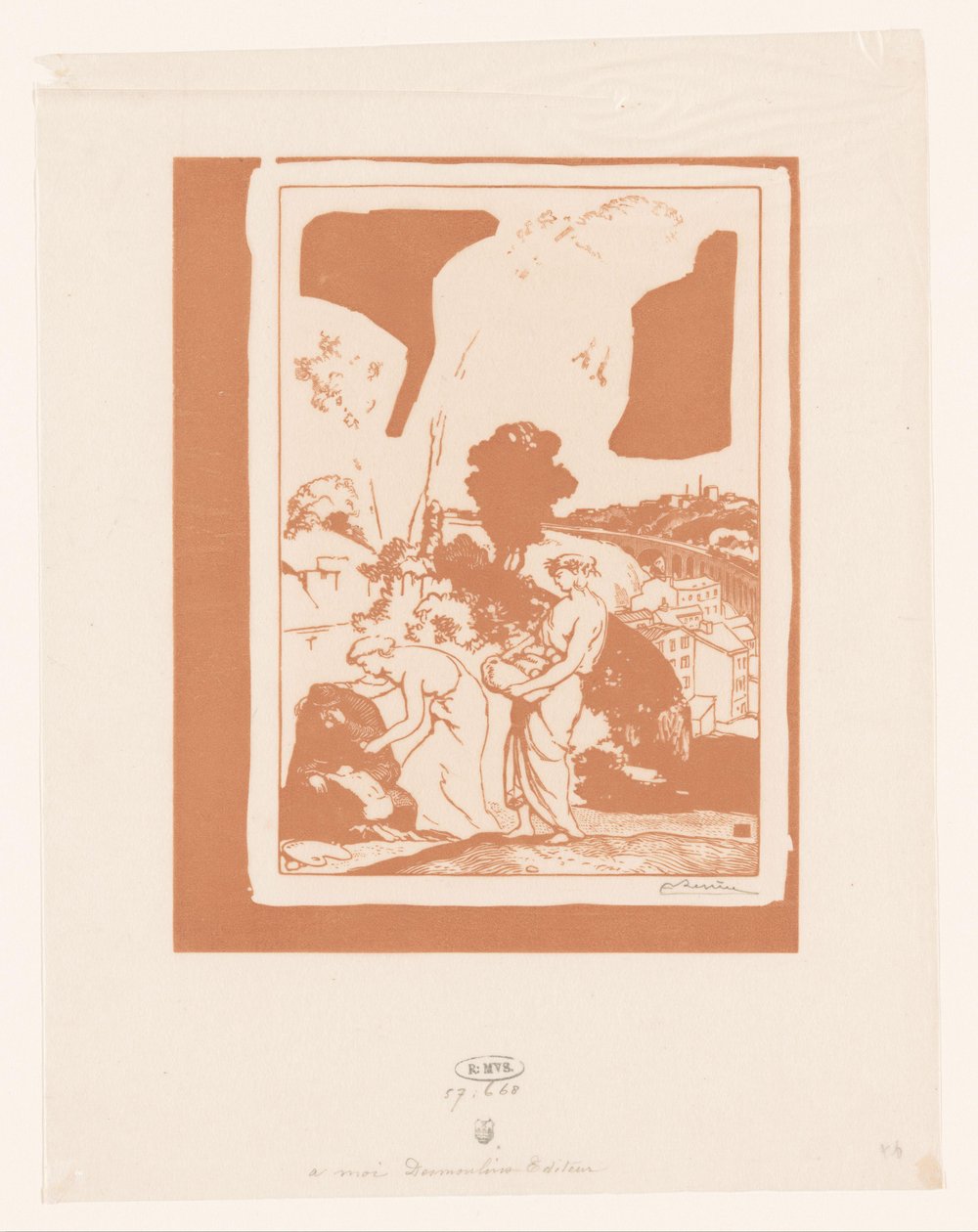 Musik og poesi hjælper kunstneren La Musique et la Poesie secourant les Artistes af Auguste Lepère (signed by artist)