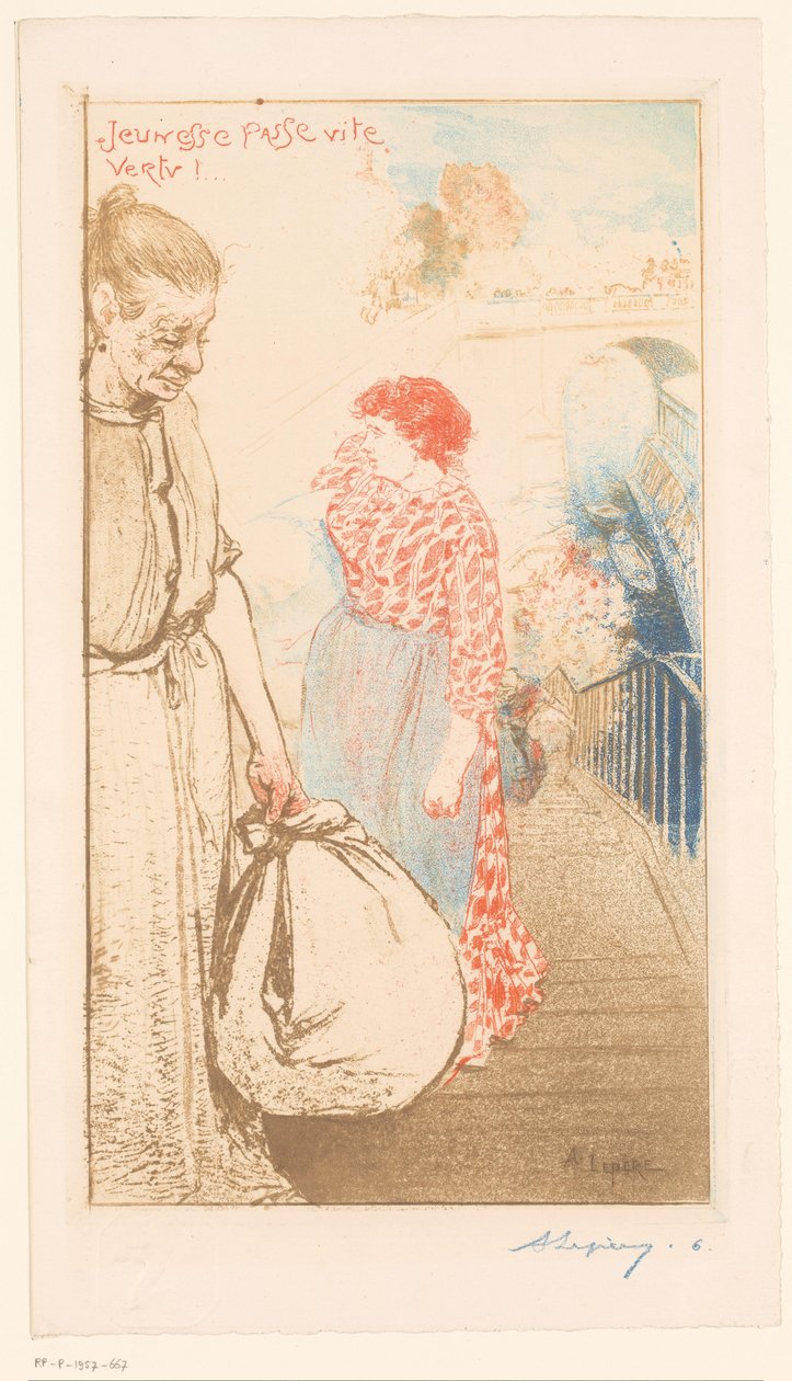 Vaskekoner på en trappe langs Seinen Jeunesse passe vite vertu! (titel på objekt) af Auguste Lepère (signed by artist)
