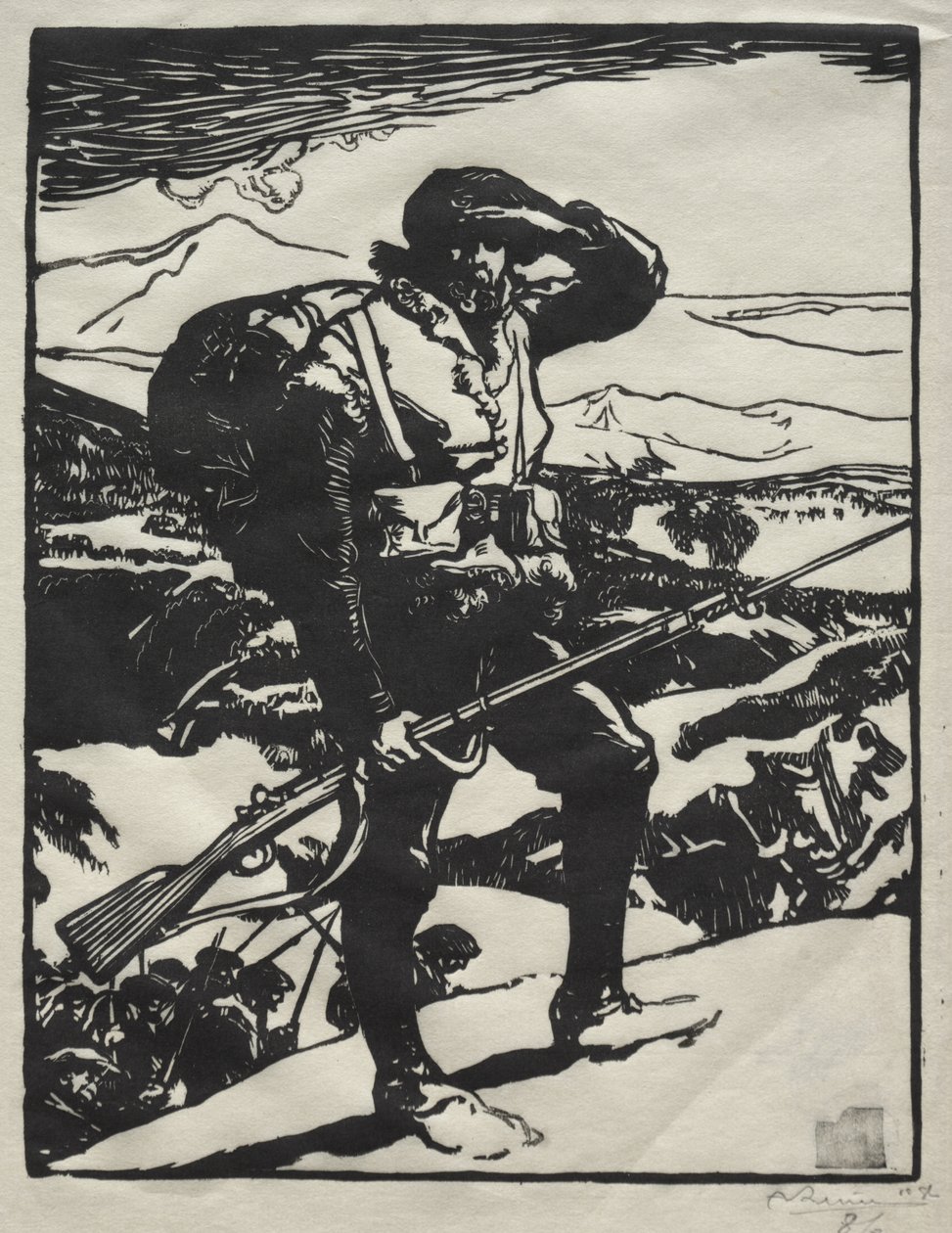 Alpine jæger ser på Rhinsletten af Auguste Louis Lepère