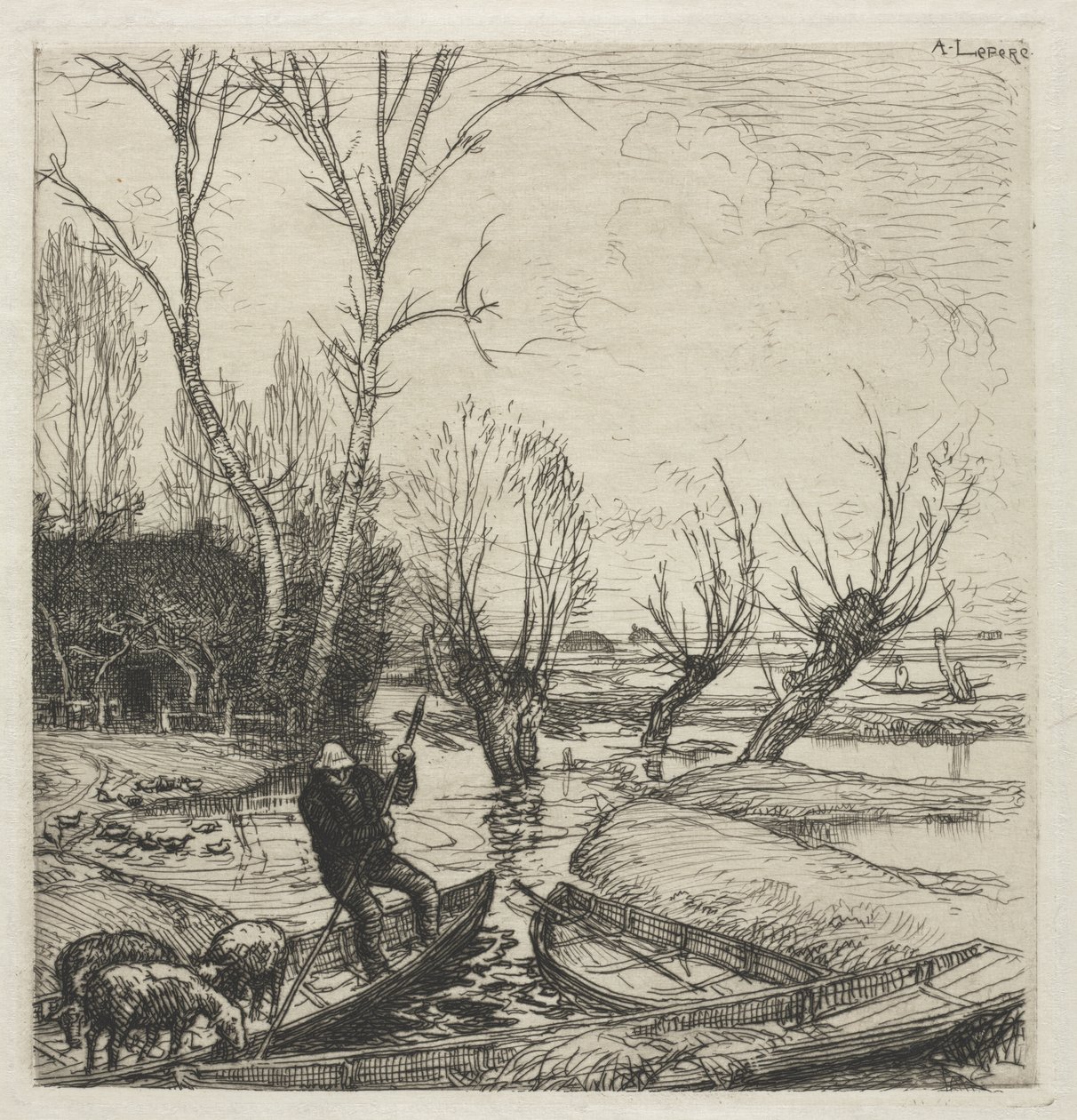 [Mand i en båd med tre får] af Auguste Louis Lepère