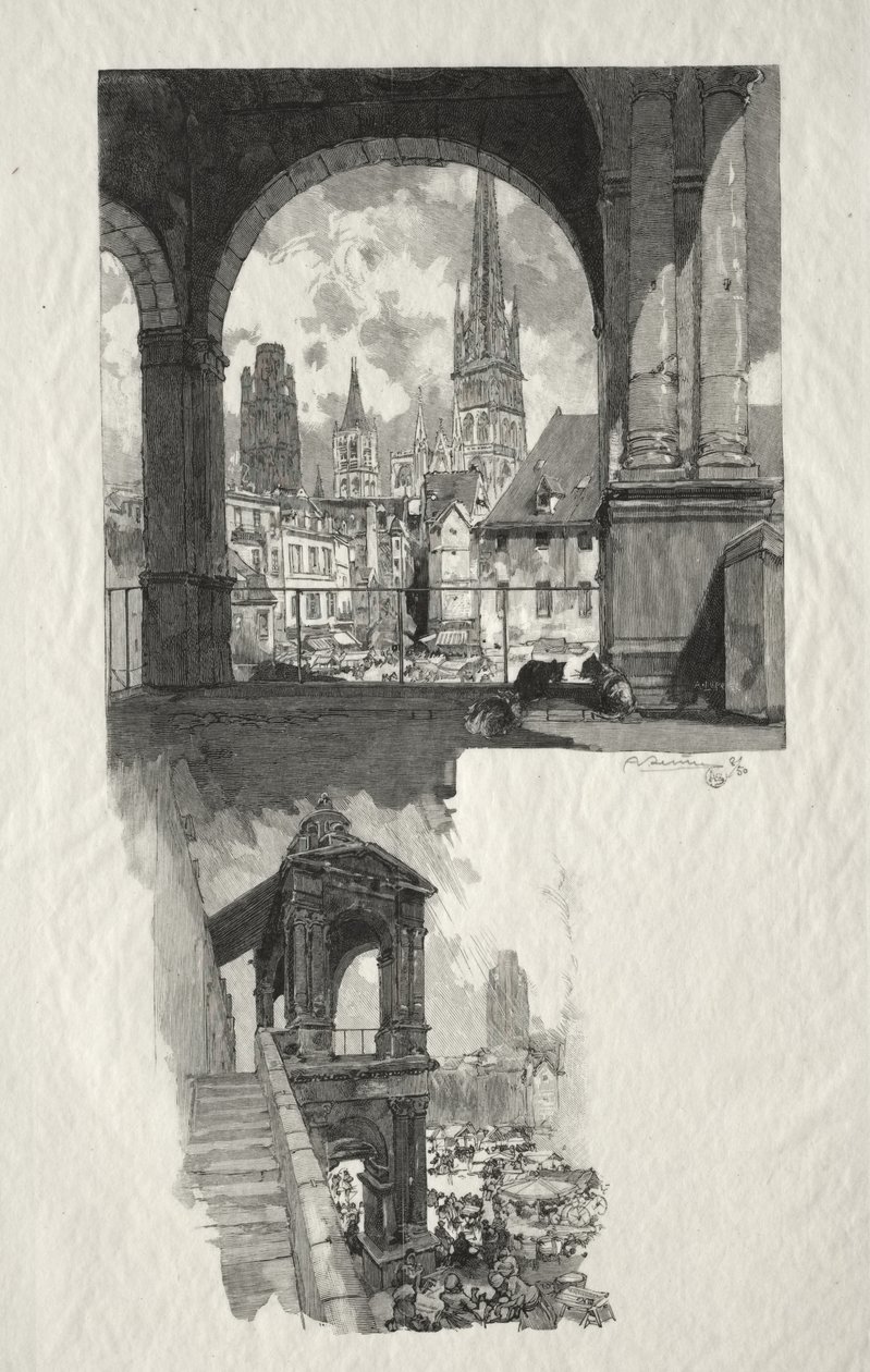 Illustreret Rouen: Place de la Haute Vieille Tour; Aedicule of Pride af Auguste Louis Lepère