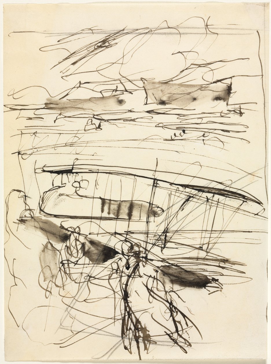 Flyvemaskiner hviler på jorden (verso) af Auguste Louis Lepère