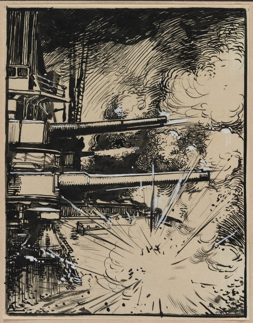 Bombe eksploderer på en kuras med kanoner rettet, 1914. af Auguste Louis Lepère