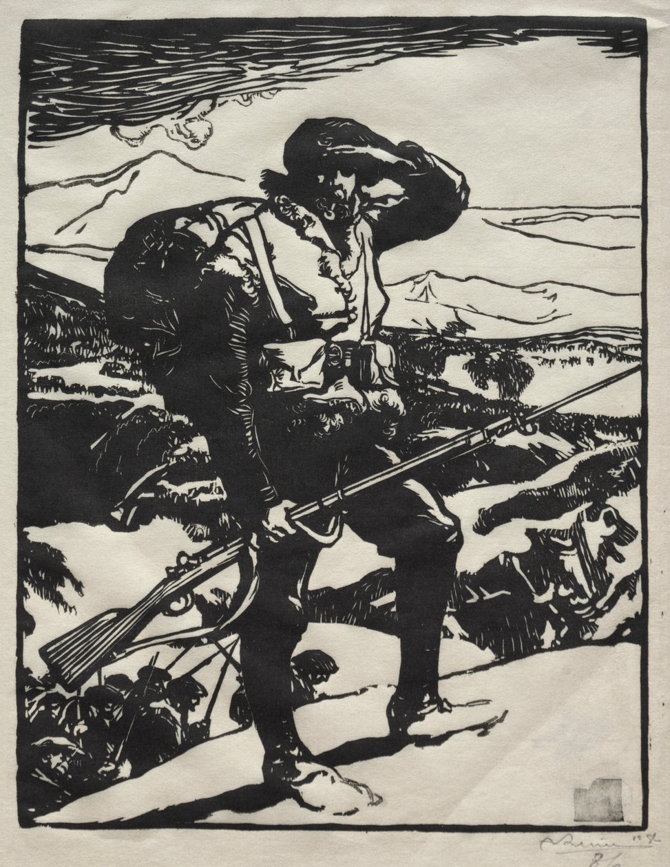 Alpine jæger ser på Rhinsletten af Auguste Louis Lepère