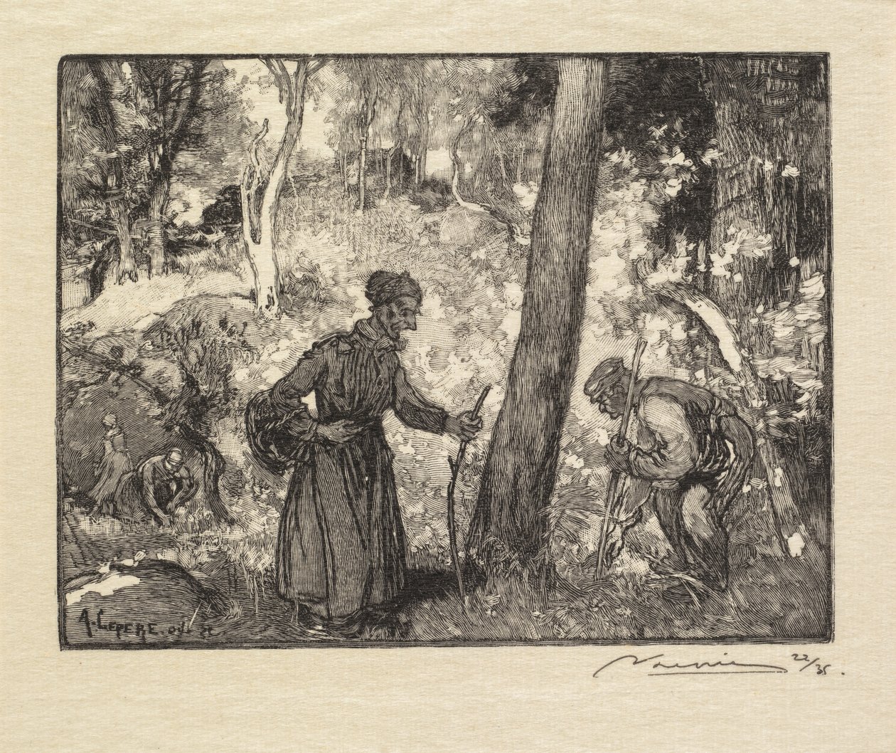 Fontainebleau Forest: Svampejægere ved Rocher Bernard La Forêt de Fontainebleau..., 1890. af Auguste Louis Lepère
