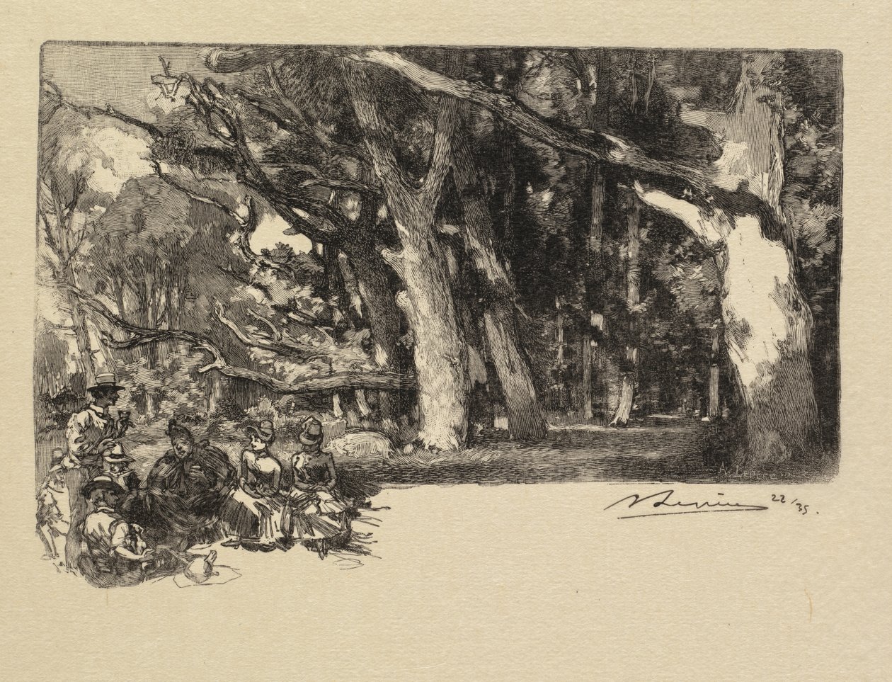 Fontainebleau Skov: Middag under træerne La Forêt de Fontainebleau: Midi sous bois, 1890. af Auguste Louis Lepère