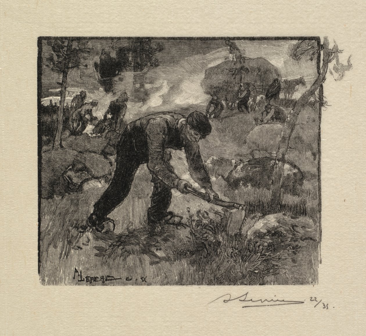 Fontainebleau Skov: Trækker lyngen La Forêt de Fontainebleau: Arracheurs de Bruyères, 1890. af Auguste Louis Lepère