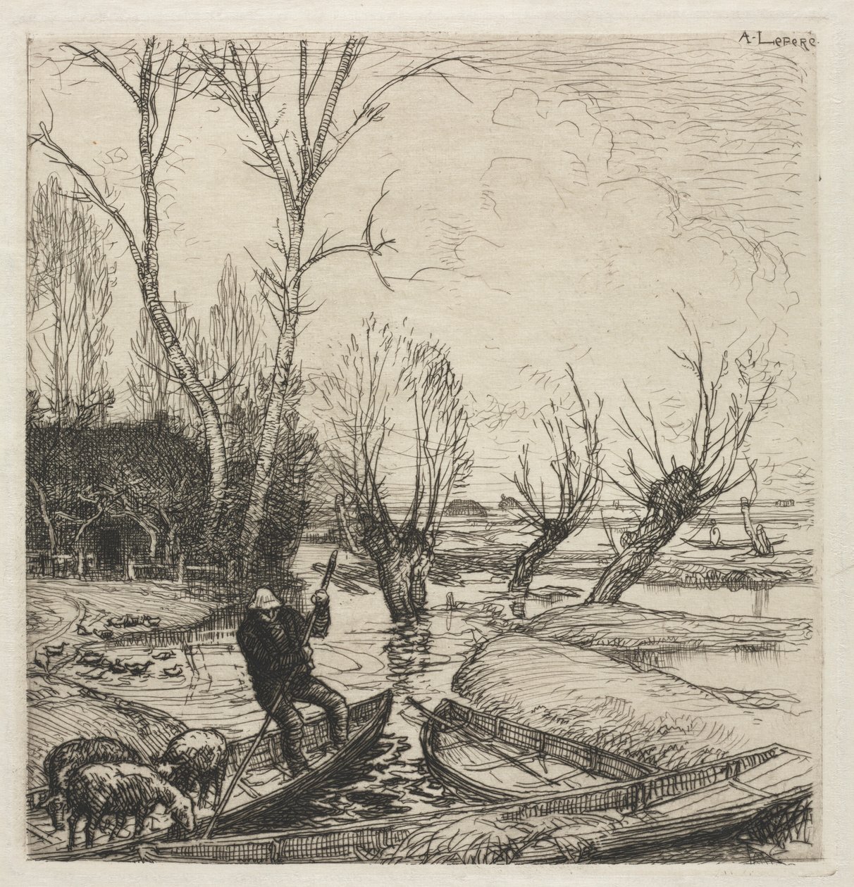 [Mand i en båd med tre får]. af Auguste Louis Lepère