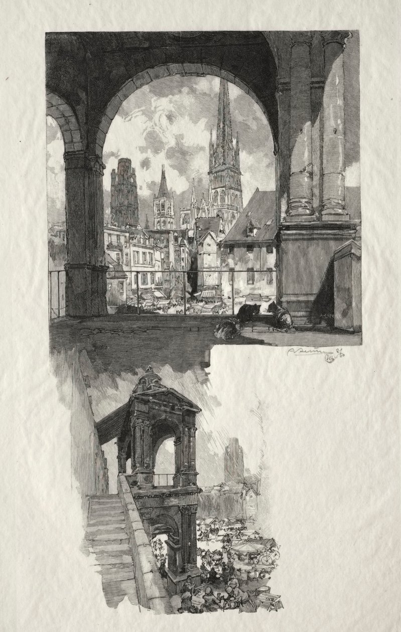 Illustreret Rouen: Place de la Haute Vieille Tour; Aedicule of Pride af Auguste Louis Lepère
